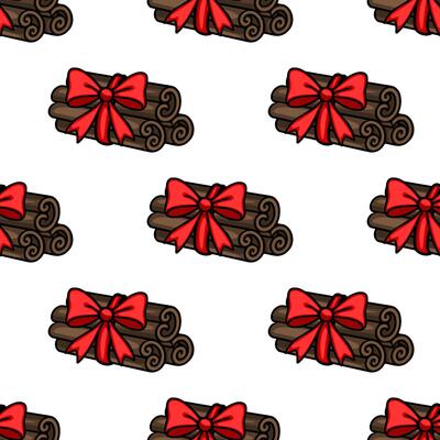 Seamless pattern of brown cinnamon sticks tied with red bows, a festive Christmas design perfect for wrapping paper, cards, or winterthemed projects.