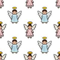 Seamless pattern featuring adorable cartoon angels in pastel pink and light blue dresses, adorned with golden halos and stars, creating a charming and festive Christmas design. vector