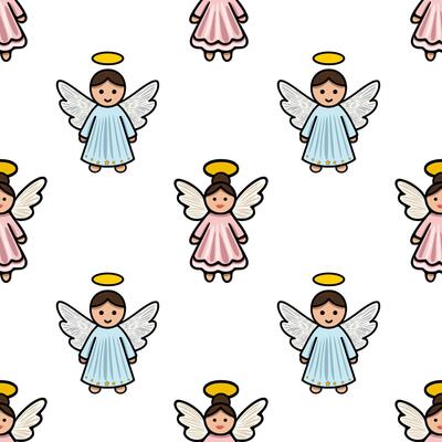 Seamless pattern featuring adorable cartoon angels in pastel pink and light blue dresses, adorned with golden halos and stars, creating a charming and festive Christmas design.