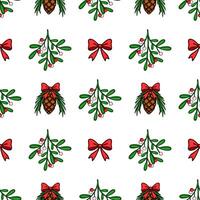 Seamless Christmas pattern with handdrawn mistletoe sprigs, pine cones adorned with red bows, and vibrant red bows on a pristine white background, ideal for festive designs. vector