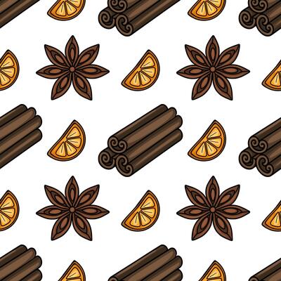 Seamless pattern of handdrawn cinnamon sticks, star anise, and orange slices, ideal for festive winter designs and holiday packaging.