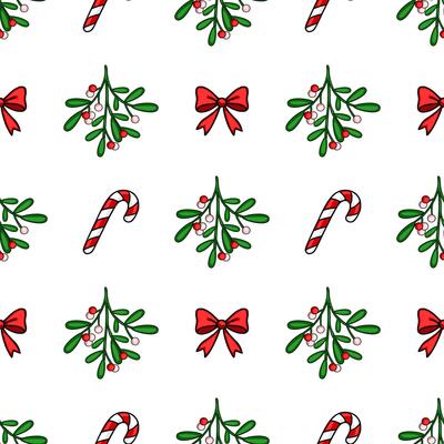 Seamless Christmas pattern with mistletoe sprigs, candy canes, and red bows on a white background, perfect for festive designs.