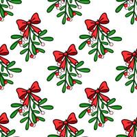 Seamless pattern of mistletoe sprigs adorned with red bows, featuring red and pink berries against a white background, ideal for festive Christmas designs. vector