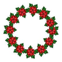 Festive Christmas wreath design featuring a circular arrangement of vibrant red poinsettias and lush green leaves, perfect for holiday invitations or cards. vector