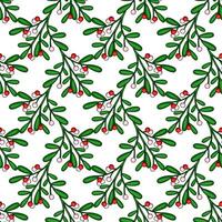 Seamless pattern of stylized mistletoe branches with red and pink berries on a white background, perfect for festive Christmas designs. vector
