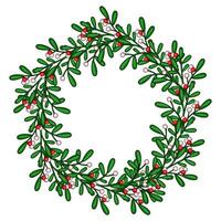 Festive Christmas wreath design featuring mistletoe branches with red and pink berries, perfect for holiday cards, invitations, and seasonal decorations. vector