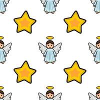 Seamless Christmas pattern featuring adorable cherubic angels with halos and golden stars, creating a charming and festive design ideal for holiday cards and wrapping paper. vector
