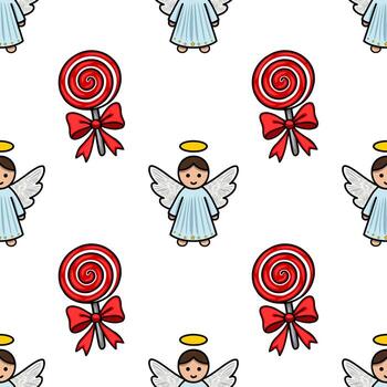 Seamless pattern featuring adorable cherubic angels and red swirl lollipops with bows, creating a charming Christmas design perfect for festive backgrounds and wrapping paper. vector
