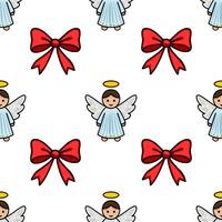 Seamless pattern featuring adorable cartoon angels with halos and bright red bows, perfect for festive Christmas designs. vector