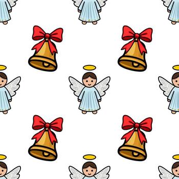 Seamless pattern featuring charming cherubic angels with halos and golden bells adorned with vibrant red bows, creating a festive Christmas design. vector
