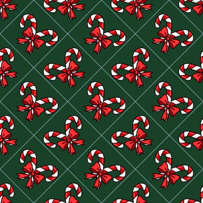 Seamless pattern of Christmas candy canes with red bows on a dark green background, arranged in a diagonal grid pattern with subtle geometric lines.