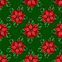 Seamless pattern of stylized poinsettia flowers with rich red petals and vibrant green leaves on a deep green background, perfect for festive Christmas designs. vector