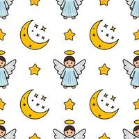 Seamless pattern of angels, crescent moons, and stars, perfect for Christmas or babythemed designs. vector