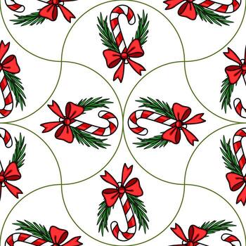 Seamless pattern of Christmas candy canes adorned with red bows and fir branches, arranged in a unique, repeating design on a white background. vector
