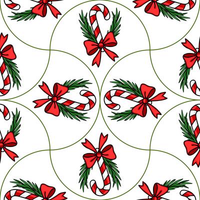 Seamless pattern of Christmas candy canes adorned with red bows and fir branches, arranged in a unique, repeating design on a white background.