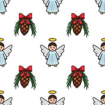 sin costura Navidad modelo presentando adorable querúbico ángeles con halos y festivo pino conos adornado con rojo arcos, creando un encantador y caprichoso fiesta diseño. vector