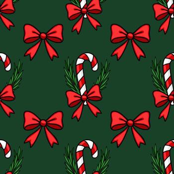 Seamless Christmas pattern with candy canes, red bows, and fir branches on a dark green background, perfect for festive design projects. vector