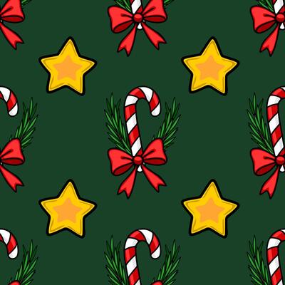 Seamless Christmas pattern featuring candy canes with red bows, fir sprigs, and golden stars on a dark green background, ideal for festive designs and winter holidays.