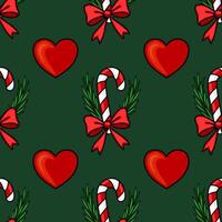 Seamless Christmas pattern with candy canes, hearts, and bows on a dark green background, perfect for festive designs and winter holidays. vector