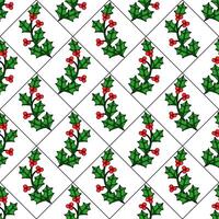 Seamless pattern of stylized holly branches with red berries, arranged in a diamond grid on a white background, creating a festive Christmas design. vector