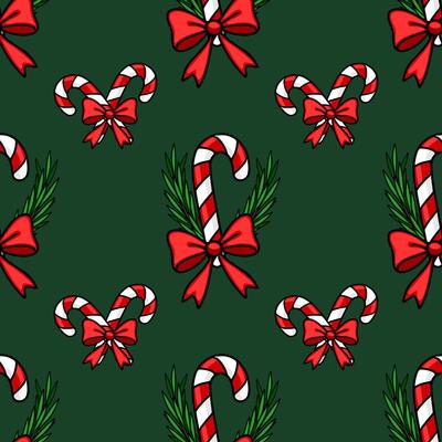 Seamless Christmas pattern with candy canes, red bows, and fir branches on a dark green background, perfect for festive wrapping paper or holiday cards.