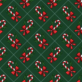 sin costura Navidad modelo con caramelo bastones, rojo arcos, y abeto ramas en un oscuro verde fondo, arreglado en un diamante red. vector