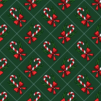Seamless Christmas pattern with candy canes, red bows, and fir branches on a dark green background, arranged in a diamond grid.