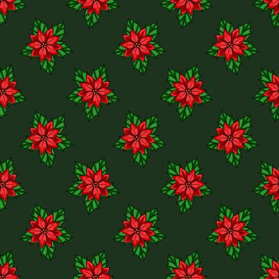 Seamless pattern of stylized red poinsettia flowers with green leaves on a dark green background, perfect for Christmas and winter holiday designs.