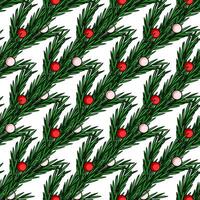 Seamless Christmas pattern with stylized pine branches adorned with red and pink baubles, creating a festive and elegant design ideal for winter holidays. vector