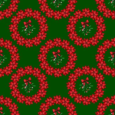 Seamless Christmas pattern with red poinsettia wreaths, mistletoe sprigs, and bows on a dark green background, ideal for festive designs and holiday wrapping paper.