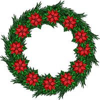 Festive Christmas wreath design featuring vibrant poinsettia flowers and lush evergreen branches, perfect for holiday cards and invitations. vector