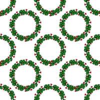 Seamless pattern of stylized holly wreaths with red berries, perfect for festive Christmas designs and winterthemed projects. vector
