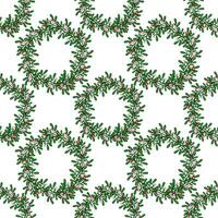 Seamless pattern of elegant Christmas mistletoe wreaths with red and pink berries, perfect for festive holiday designs and winter backgrounds. vector