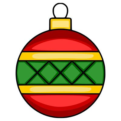 Festive illustration of a Christmas ball with a unique green diamond pattern, red and gold stripes, and a simple design, perfect for holiday decorations and winter celebrations.