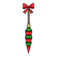 Festive illustration of a unique Christmas ornament with a red bow and twisted rope, featuring a stylized wavy pattern in red and green. vector