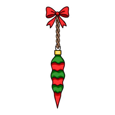 Festive illustration of a unique Christmas ornament with a red bow and twisted rope, featuring a stylized wavy pattern in red and green.
