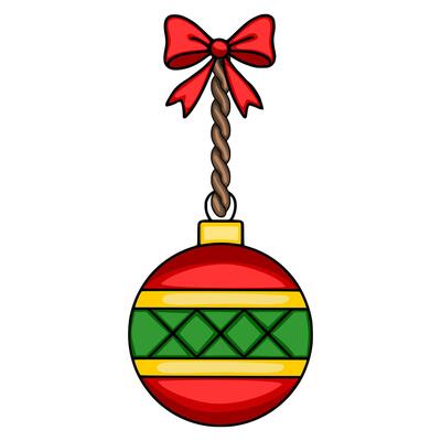 Festive Illustration of a Christmas Ornament with a Red Bow and Twisted Rope, Featuring a Unique Geometric Pattern in Red, Green, and Gold.