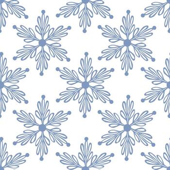 sin costura modelo con delicado azul estilizado copos de nieve en un blanco fondo, creando un minimalista invierno diseño ideal para festivo embalaje o textil huellas dactilares. vector