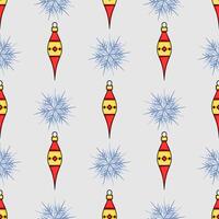 Seamless pattern featuring stylized Christmas ornaments in red and yellow with blue snowflakes on a light gray background, ideal for festive design projects. vector