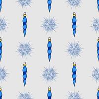 Seamless pattern featuring stylized blue Christmas ornaments and delicate snowflakes on a light gray background, perfect for festive designs. vector