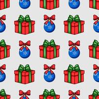Seamless Christmas pattern with red gift boxes, green and red bows, and blue baubles with snowflakes, perfect for festive design projects. vector