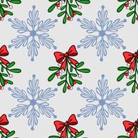 Seamless Christmas pattern featuring mistletoe sprigs tied with red bows and stylized snowflakes on a light gray background, perfect for festive designs. vector