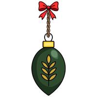 A illustration of a dark green Christmas tree ornament with a gold wheat design, hanging from a brown twisted rope with a red bow. vector