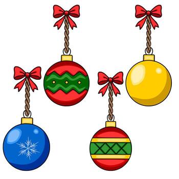 Festive illustration of four unique Christmas baubles with red bows and rope, featuring distinct patterns zigzag, solid, snowflake, and geometric. vector