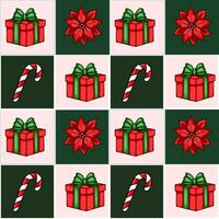 Seamless Christmas pattern with red gift boxes, poinsettia flowers, and candy canes on a pink and green checkered background. vector