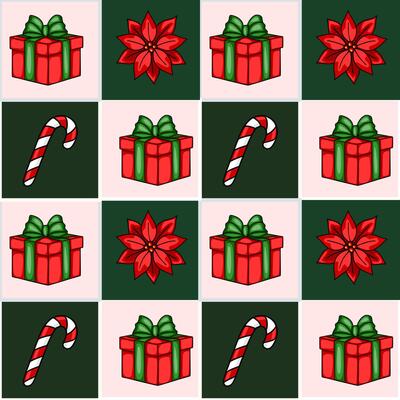 Seamless Christmas pattern with red gift boxes, poinsettia flowers, and candy canes on a pink and green checkered background.
