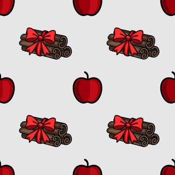 Seamless pattern featuring stylized cinnamon sticks tied with red bows and red apples on a light gray background, creating a festive and warm winter design. vector