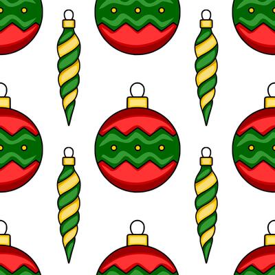 Seamless pattern of stylized Christmas baubles and spiral ornaments in red, green and gold colors, perfect for festive designs and winter holiday backgrounds.