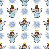 Seamless pattern featuring adorable cherubic angels playing flutes amidst stylized snowflakes, creating a charming Christmas design. vector