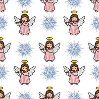 Seamless pattern featuring adorable angels playing flutes amidst stylized snowflakes, creating a charming Christmas design ideal for festive backgrounds and winterthemed projects. vector